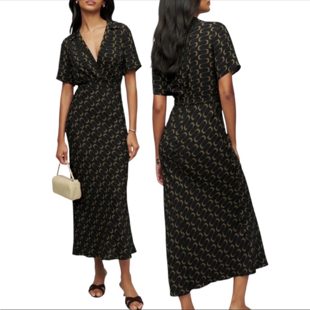 Reformation Danika Print Midi Shirt Dress Black Linguini Size Medium